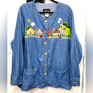 Bob Mackie wearable art embroidered town blue denim shacket women's size…